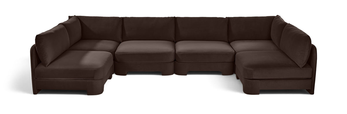 Dark brown velvet performance sectional sofa, U-shaped armless 6-piece layout