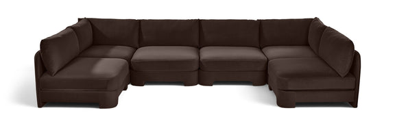 Dark brown velvet performance sectional sofa, U-shaped armless 6-piece layout