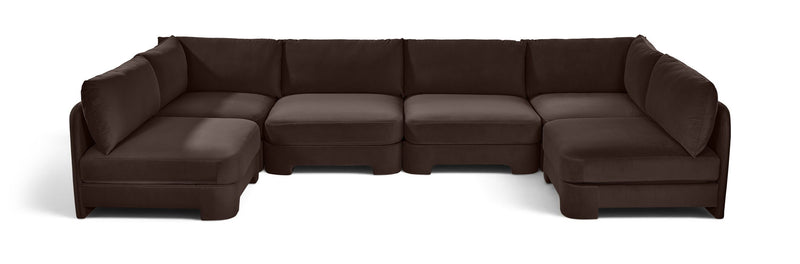 Dark brown velvet performance sectional sofa, U-shaped armless 6-piece layout