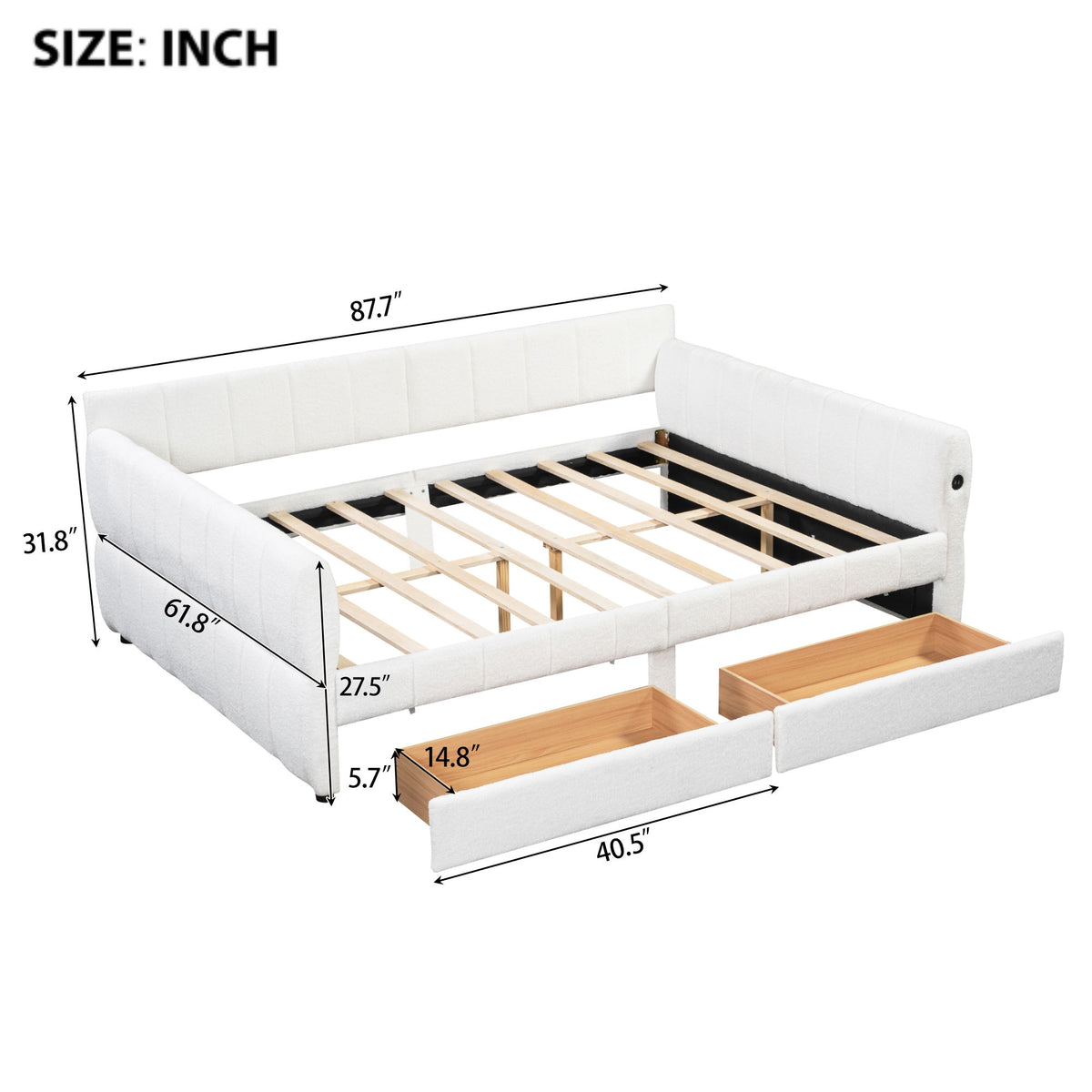 Queen upholstered platform bed in white, with two pull-out storage drawers