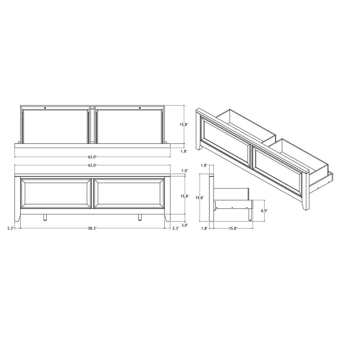 Storage bed dimensions drawing showing padded headboard and two front storage drawers.