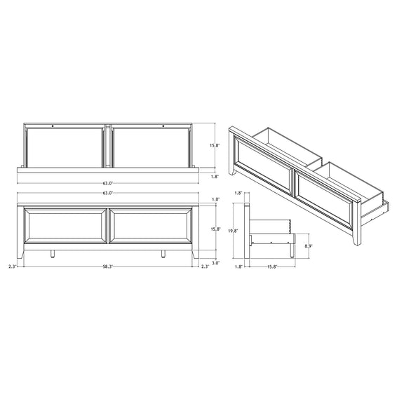 Storage bed dimensions drawing showing padded headboard and two front storage drawers.