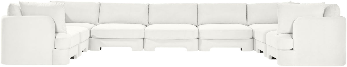 White velvet modular sectional, 9-piece set, side view with chaise and back cushions.