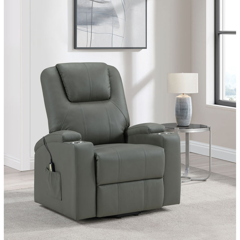 Dark gray massage recliner with heat; dual cupholders and side storage pocket.