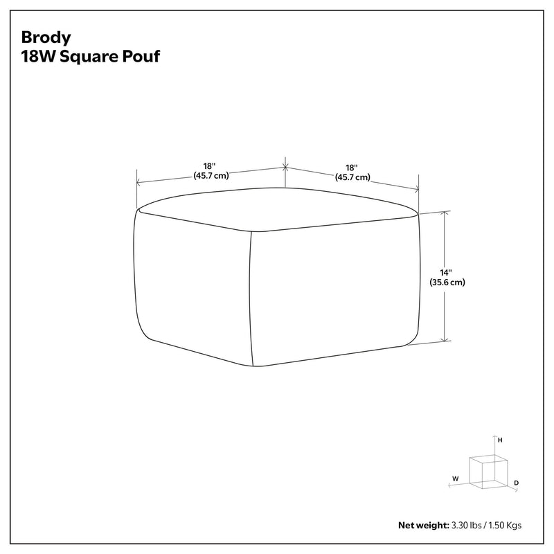 Brody 18W square pouf size diagram: 18 in (45.7 cm) square, 14 in (35.6 cm) height.
