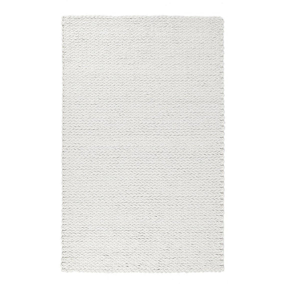 Ivory wool area rug with textured woven surface and short fringed border