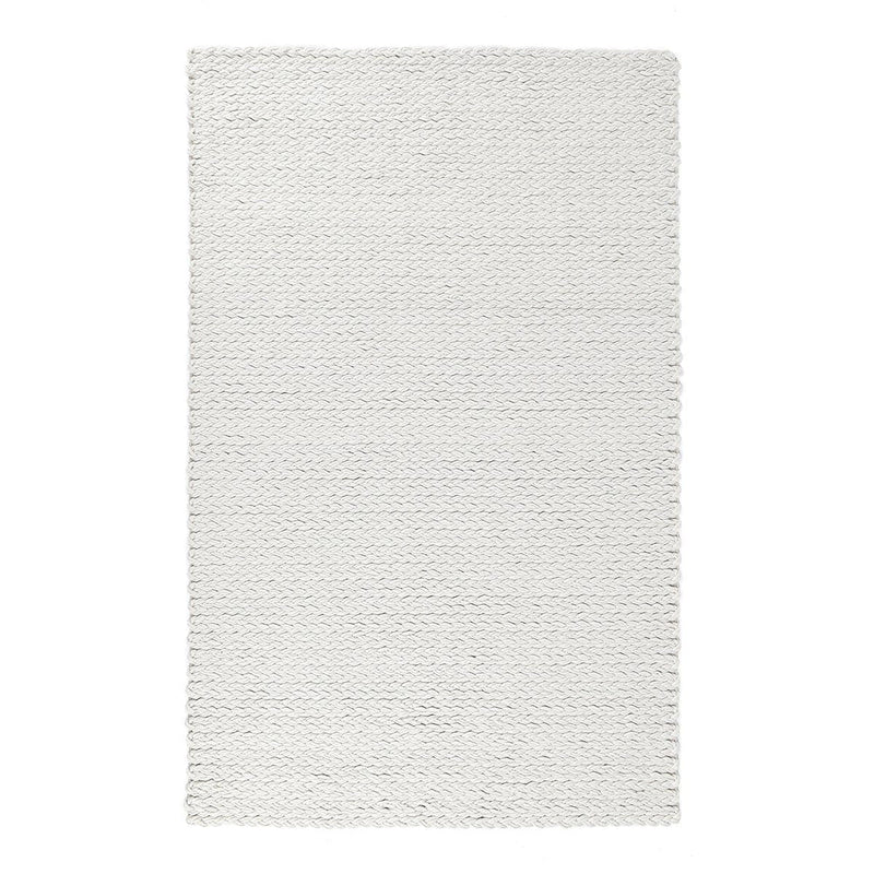 Ivory wool area rug with textured woven surface and short fringed border