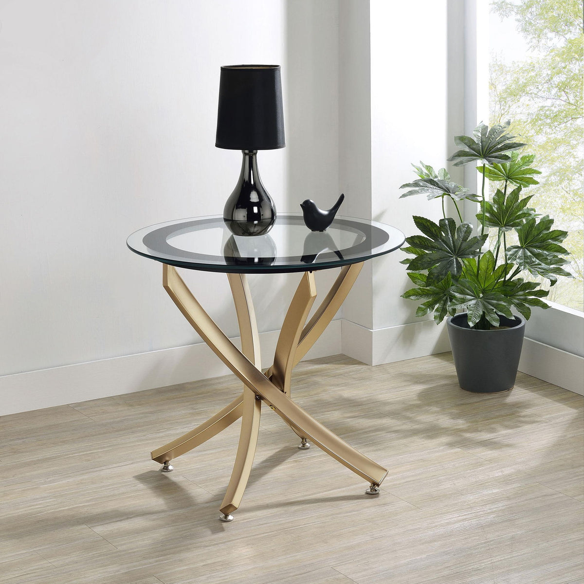 Brooke Round Glass Top Side End Table Metal Base Brass