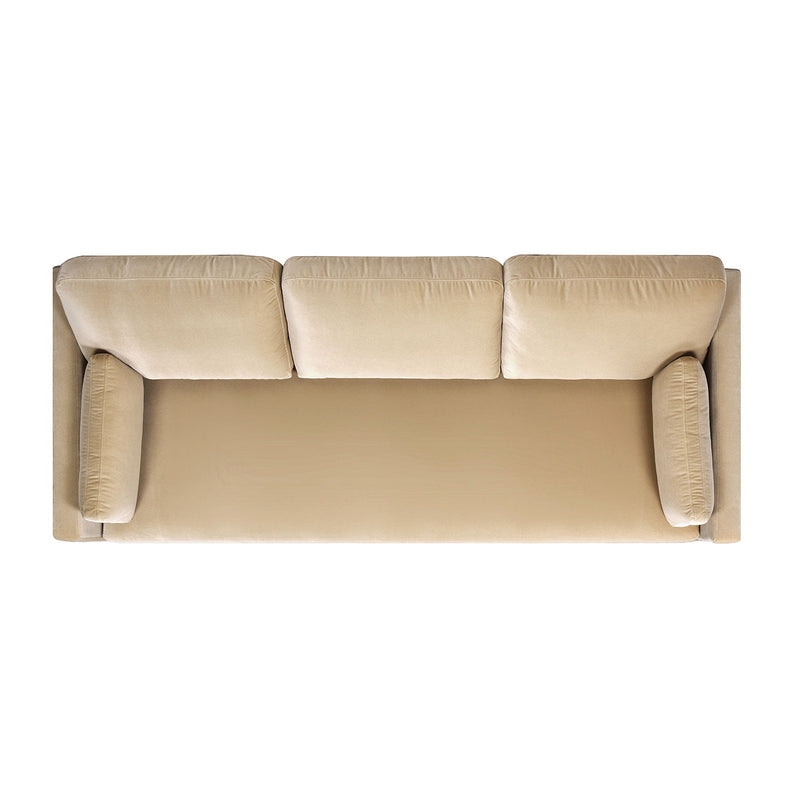 Modern farmhouse sofa in light beige fabric with rolled arms and three-seat cushions