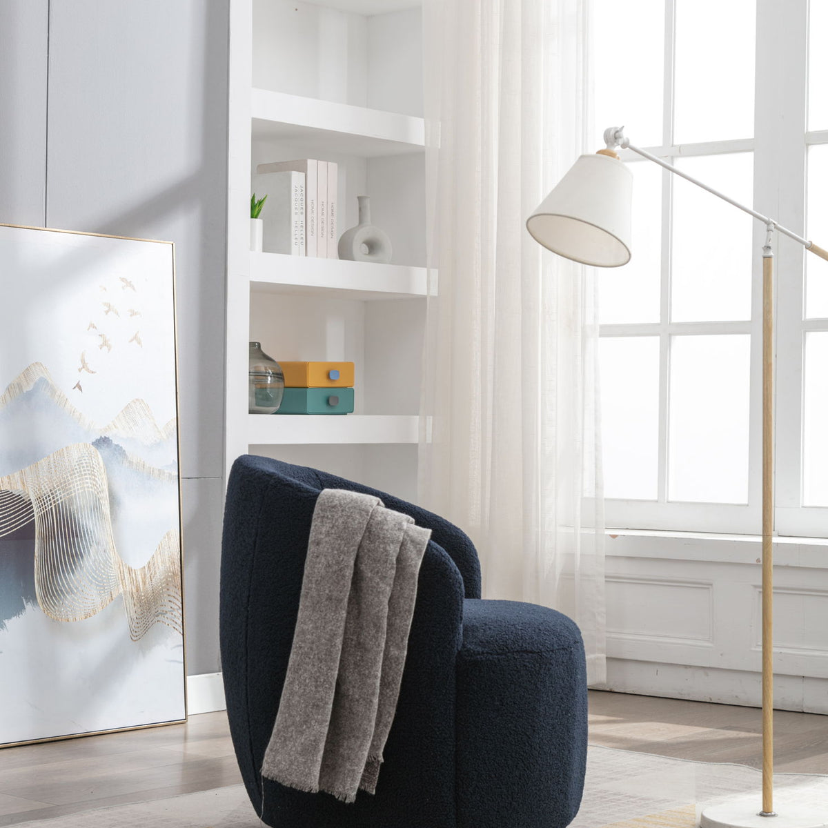 Teddy Fabric Swivel Accent Armchair Barrel Chair With Powder Coating Metal Ring