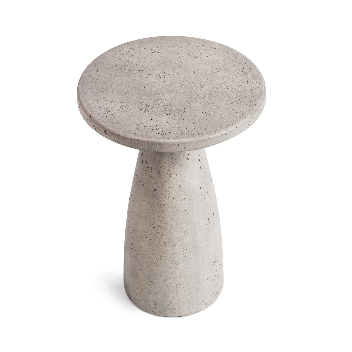 Outdoor accent table in speckled light gray with round tabletop and pedestal base.