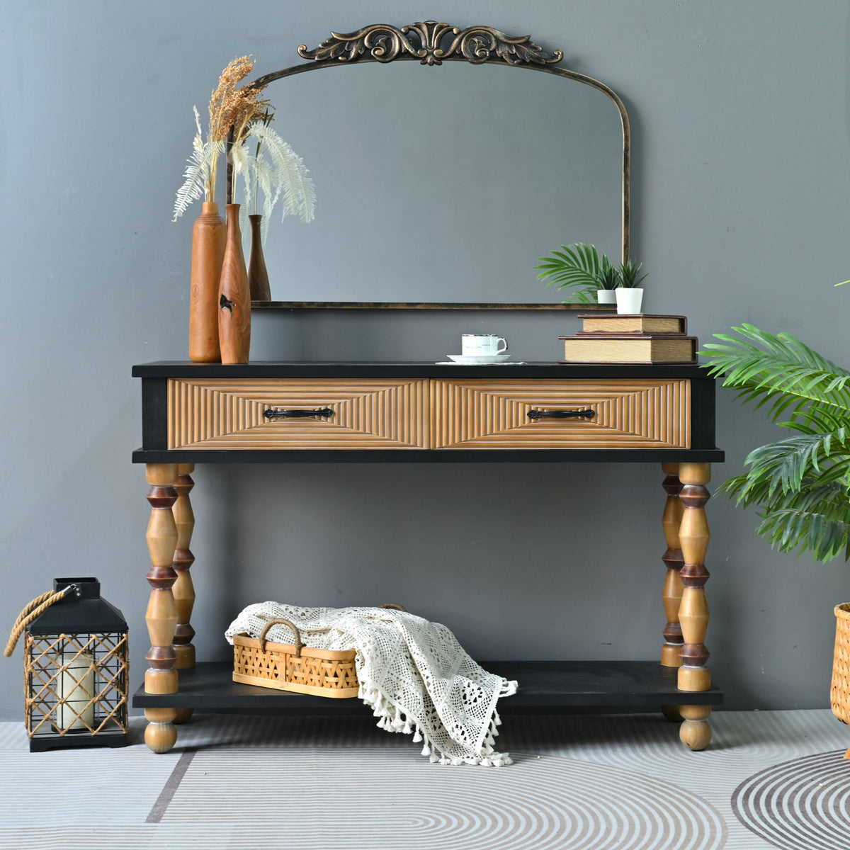 Accent Carved Console Table With Open Shelf And 2 Drawers Living Room - Black / Natural Wood Wash