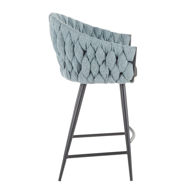 Light blue braided upholstered bar chair side view with dark legs