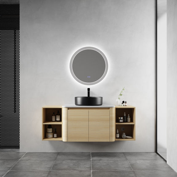 Wall-mounted bathroom vanity with round black sink and open storage compartments