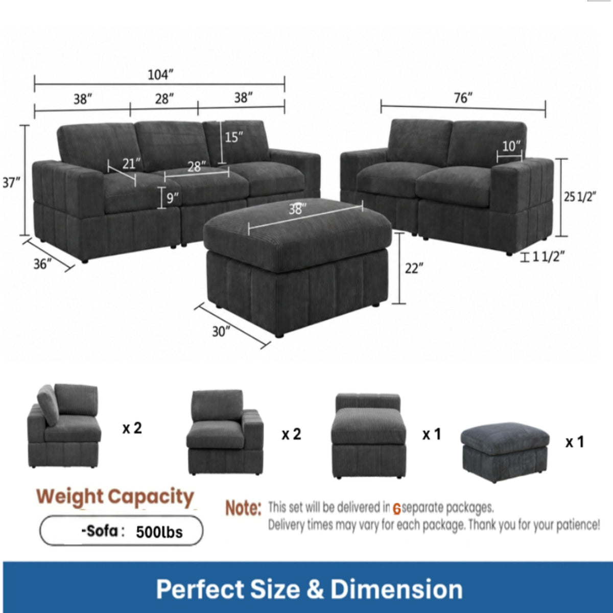 Dark gray sectional sofa set diagram with loveseat and ottoman