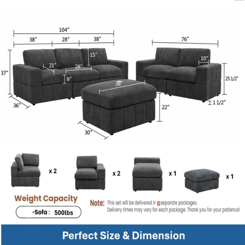 Dark gray sectional sofa set diagram with loveseat and ottoman