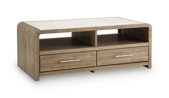 Light brown rectangular table with two drawers and open shelf storage