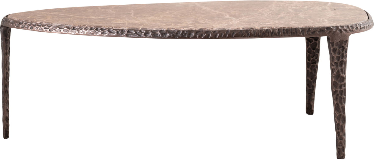 Round marble-top table viewed from side with four dark metal legs