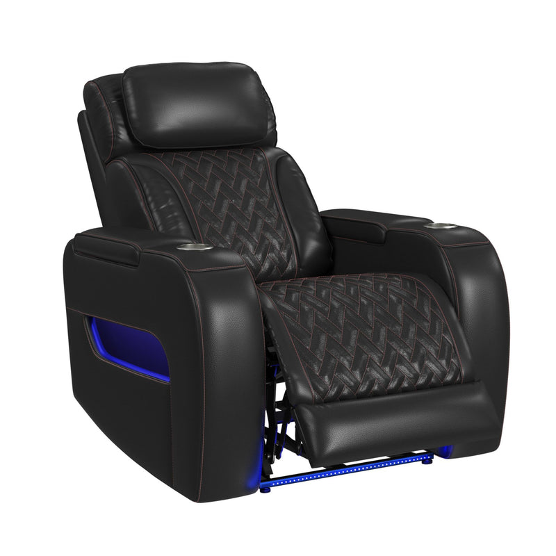 Prime Time - P3 Recliner With LED And Wireless Charger Pocket - Jett Black With Red Stitching