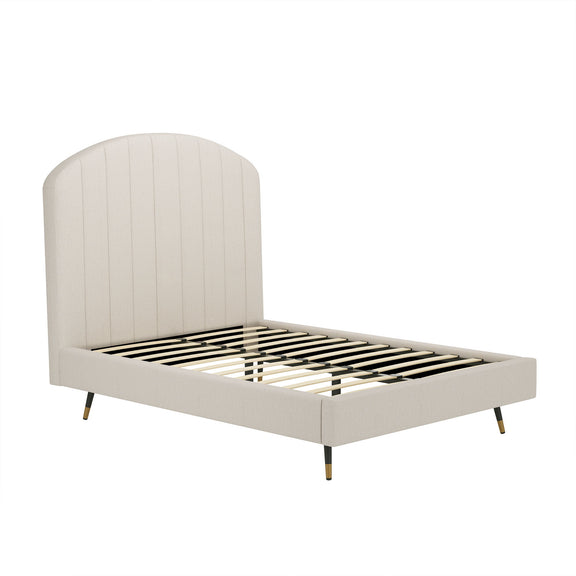 Cream upholstered bed frame with arched channel headboard and visible slat support