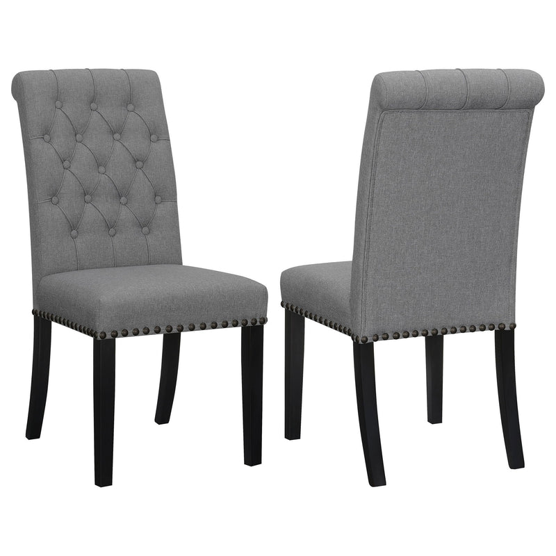 Set of 2 dark gray tufted rolled backrest side chairs with nailhead trim and wood legs