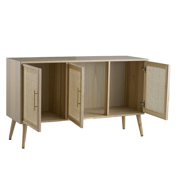 Wooden TV cabinet with all three doors open, showing interior shelves