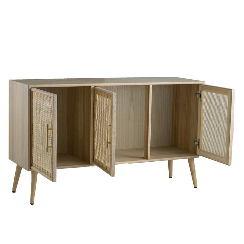 Wooden TV cabinet with all three doors open, showing interior shelves