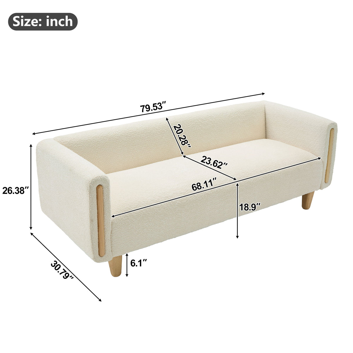 Beige 3-seater sofa with armrests, size diagram with key measurements (inches)