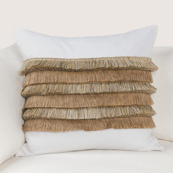 Ivory 22x22 pillow cover with stacked natural fringe ruffles across front