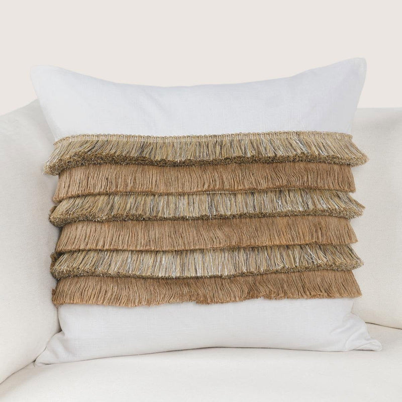 Ivory 22x22 pillow cover with stacked natural fringe ruffles across front