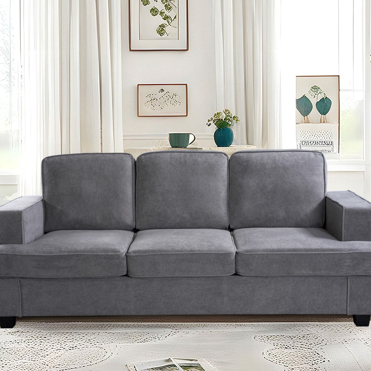 Modern Sofa, Comfortable 3 Seater Couch With Deep Seating, Loose Back Cushions, Wide Arms