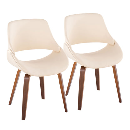 Beige faux leather dining chair with curved back, armrests, and tapered wooden legs