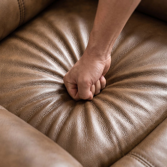 Brown recliner seat close-up with hand pressing soft cushion