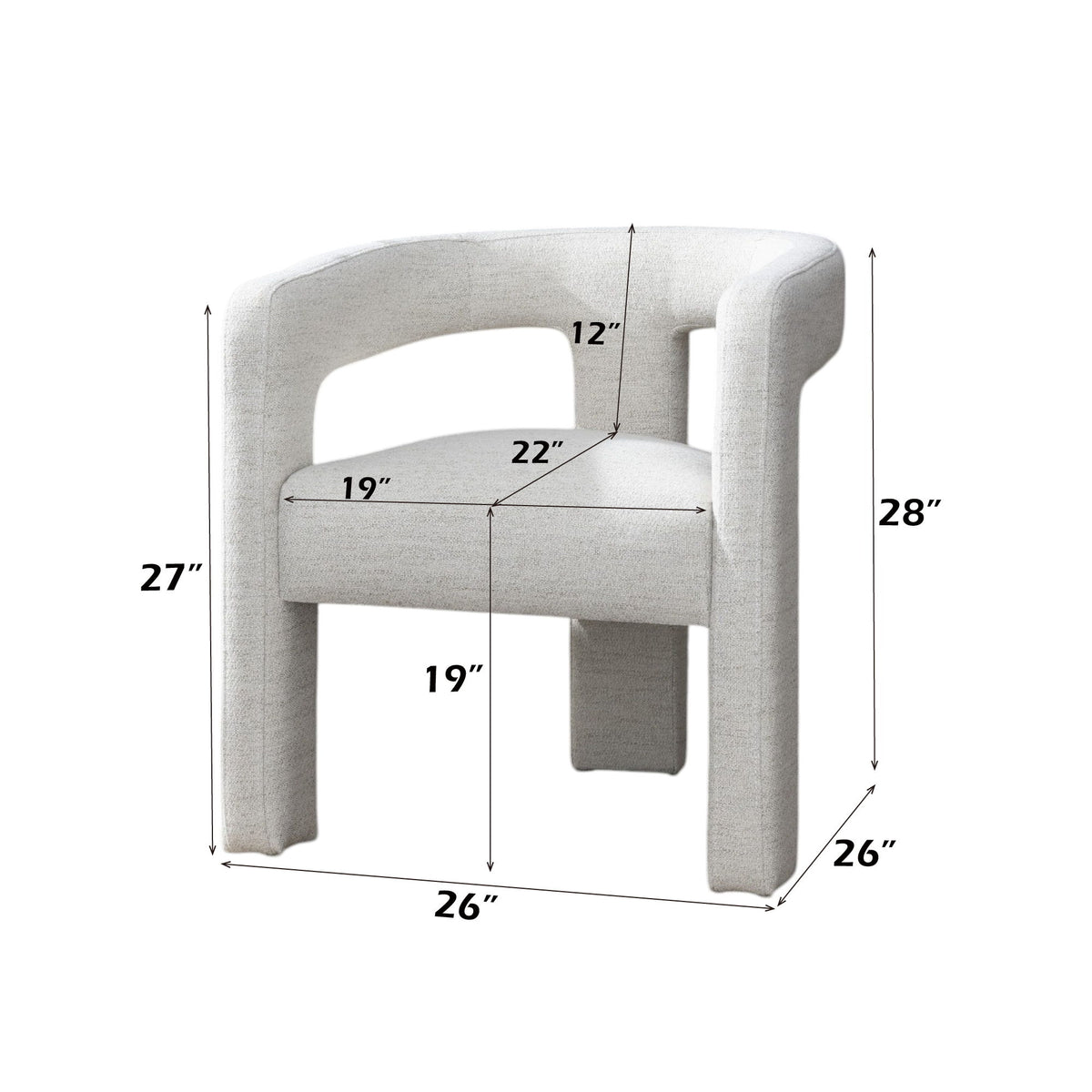 Beige upholstered dining chair with armrests and labeled dimensions