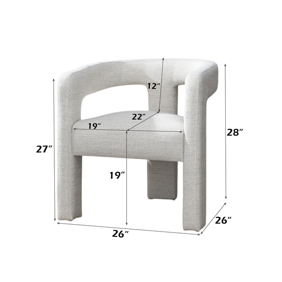 Beige upholstered dining chair with armrests and labeled dimensions