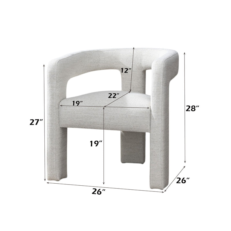Beige upholstered dining chair with armrests and labeled dimensions
