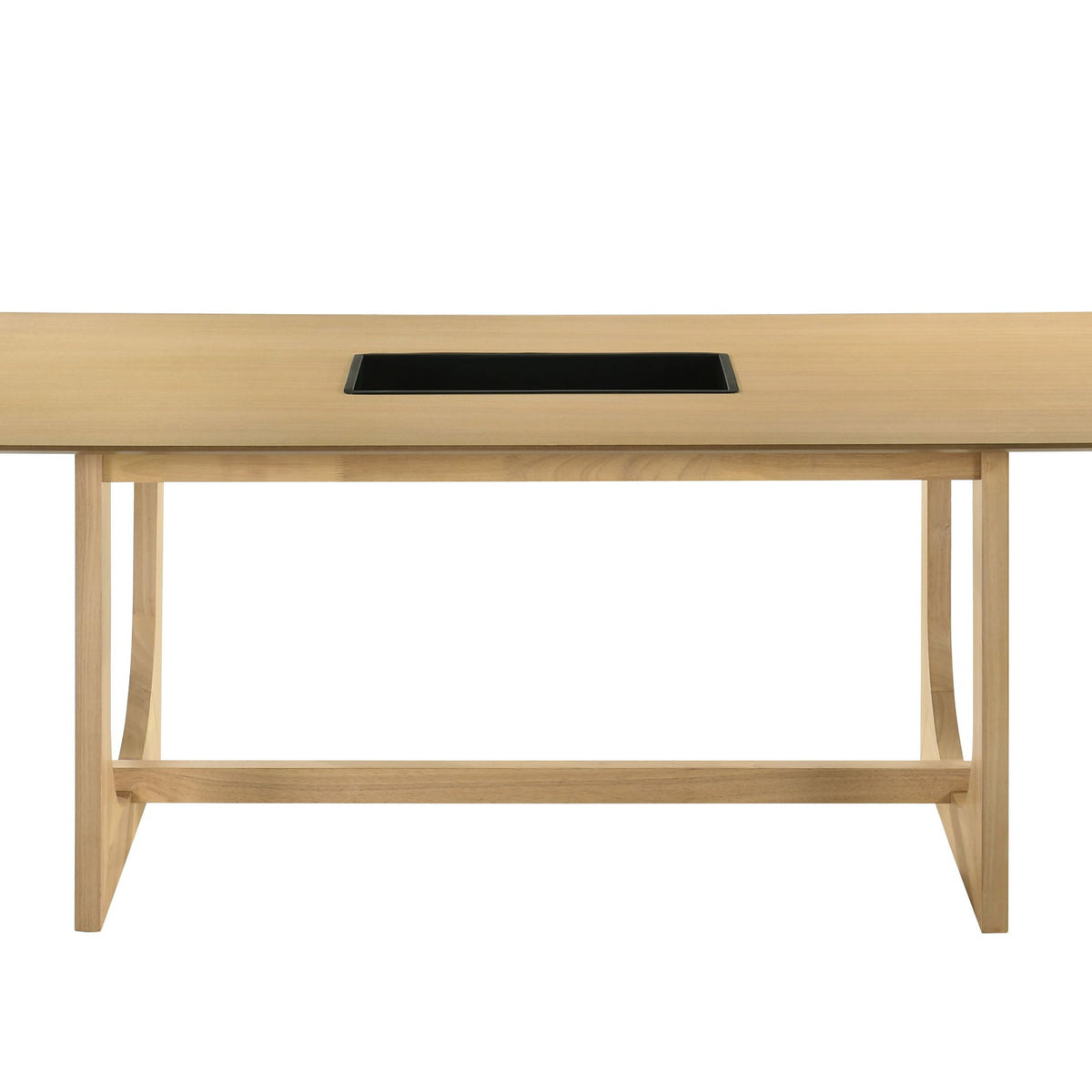 Natural wood dining table with black recessed panel and two straight support legs