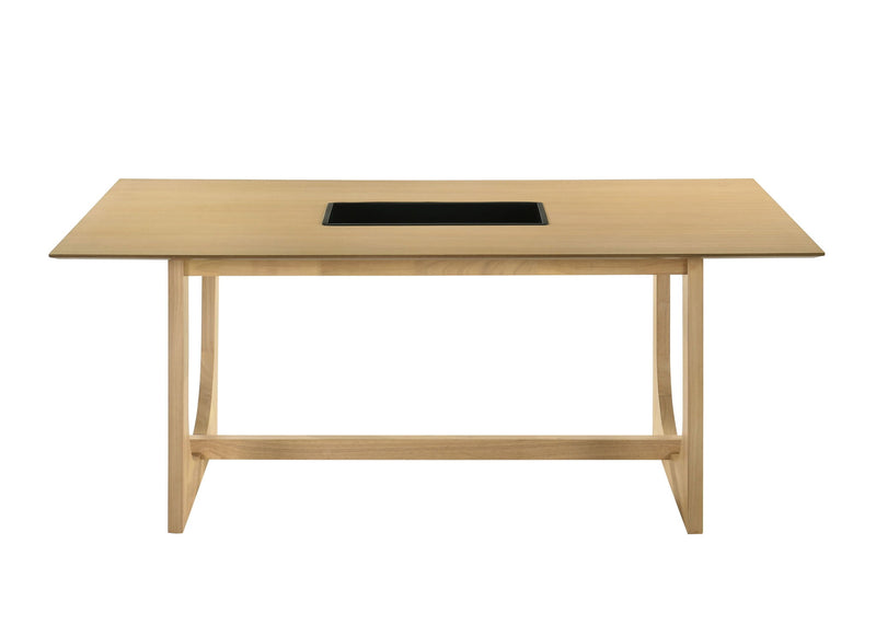 Natural wood dining table with black recessed panel and two straight support legs