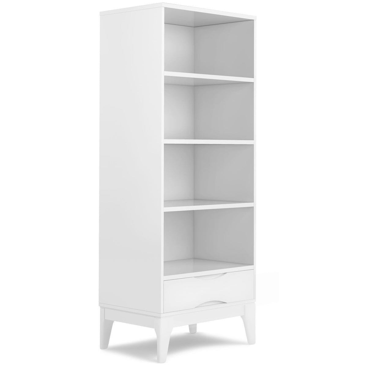 White wood bookcase with open shelves and a bottom drawer