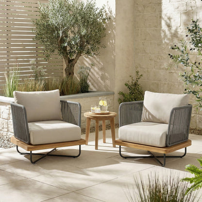 Set of 2 outdoor acacia wood chairs with gray woven frames and beige cushions