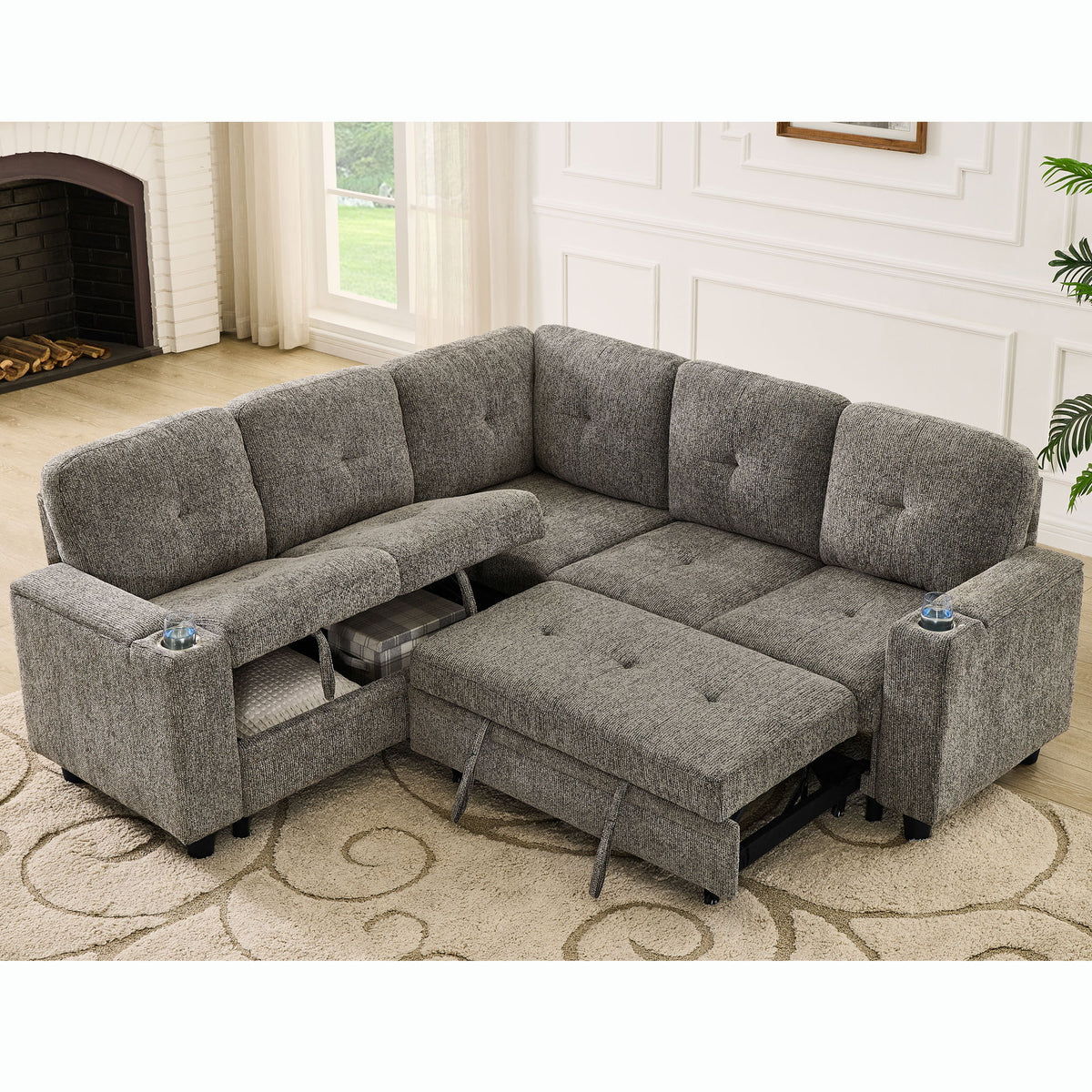 Gray L-shaped modular sectional sofa with pull-out sleeper bed and storage chaise