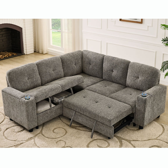 Gray L-shaped modular sectional sofa with pull-out sleeper bed and storage chaise