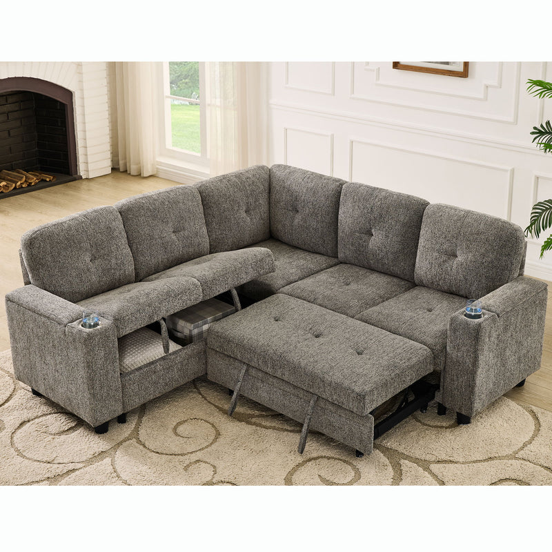 Gray L-shaped modular sectional sofa with pull-out sleeper bed and storage chaise