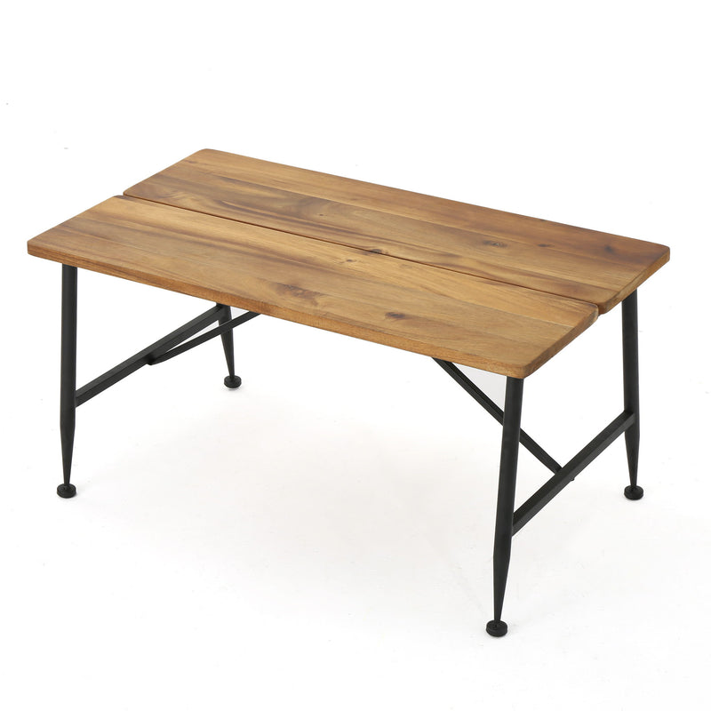 Rectangle Outdoor Coffee Table With Angled Tubular Legs And Wood Top - Black