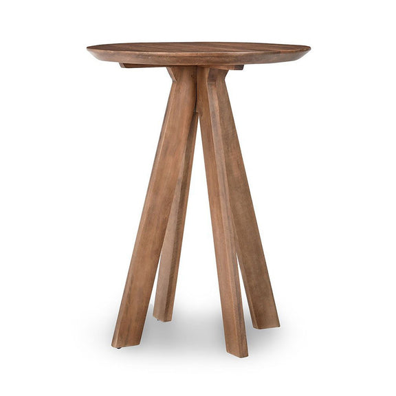 Round bar table with warm wood top and tapered tripod legs
