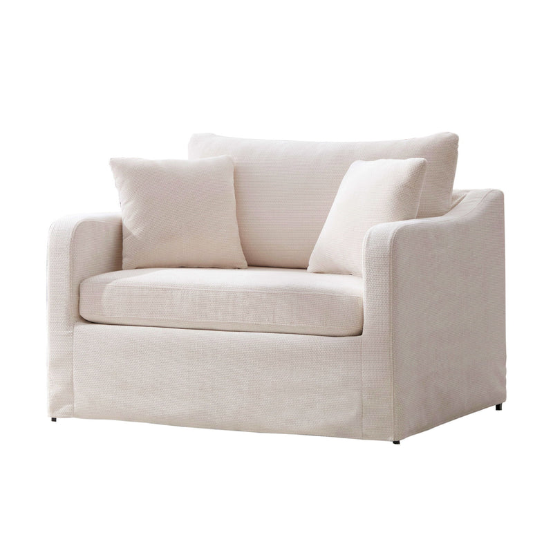 Light beige fabric accent chair with 2 bolster pillows, wide track arms, bench seat
