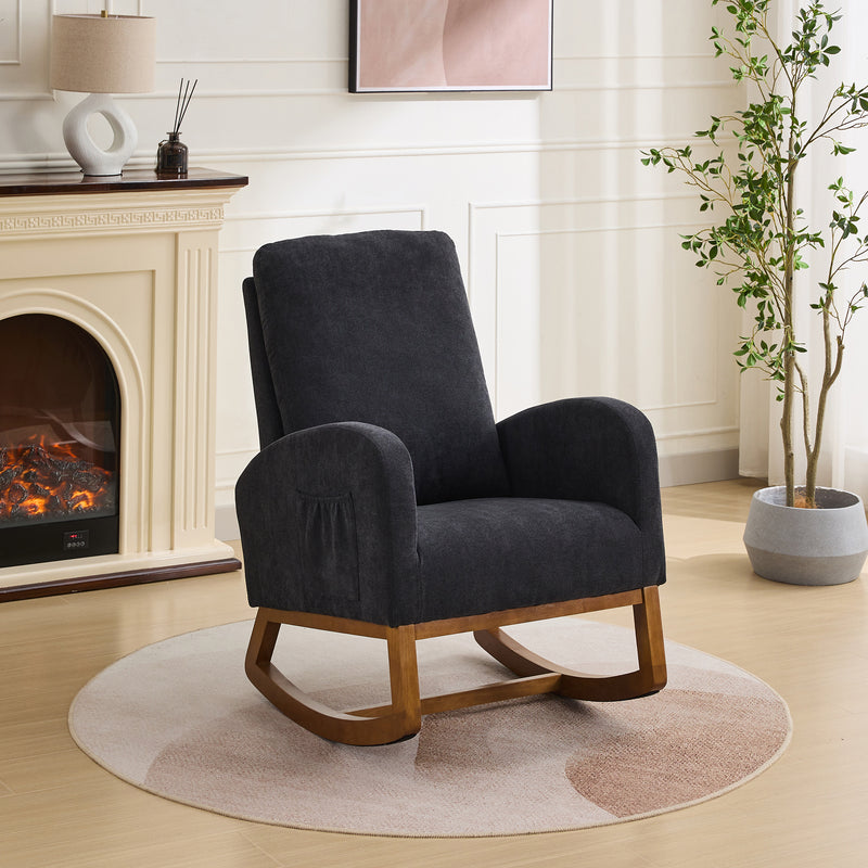 27.2'W Rocking Chair for Nursery, Polyester Glider Chair with High Back and Side Pocket, Rocking Accent Armchair with Rubber Wood Legs for Living Room/Bedroom, Black