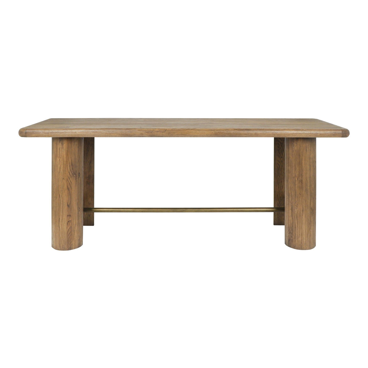 Tawny brown gathering table with metal bar shelf under the plank tabletop.