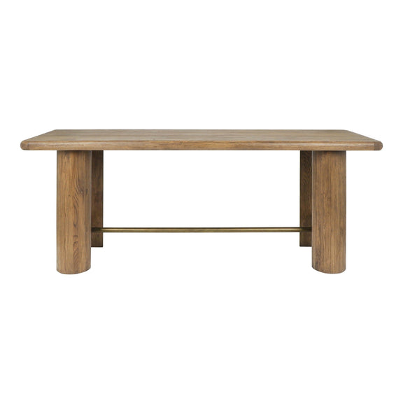 Tawny brown gathering table with metal bar shelf under the plank tabletop.