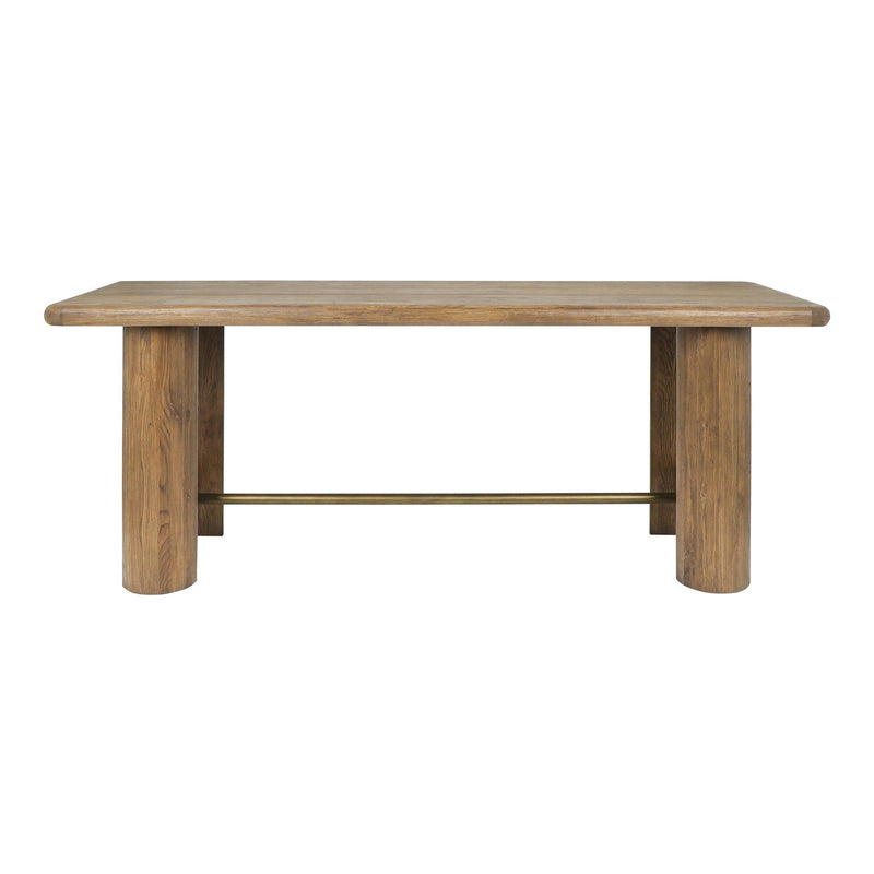Tawny brown gathering table with metal bar shelf under the plank tabletop.